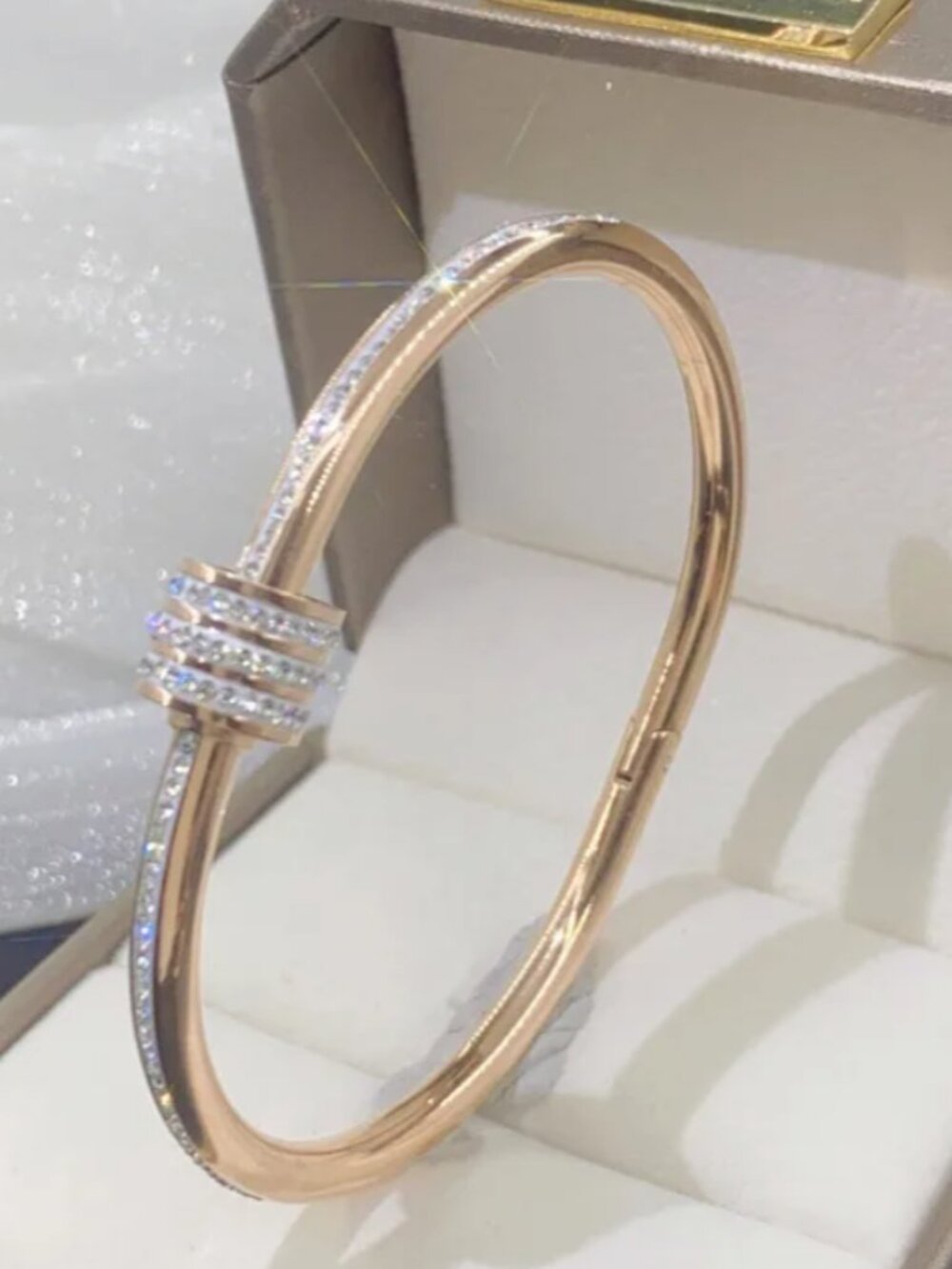 Gold Plated Stainless Steel Geometric Gemstone Inlay Bangle Bracelet